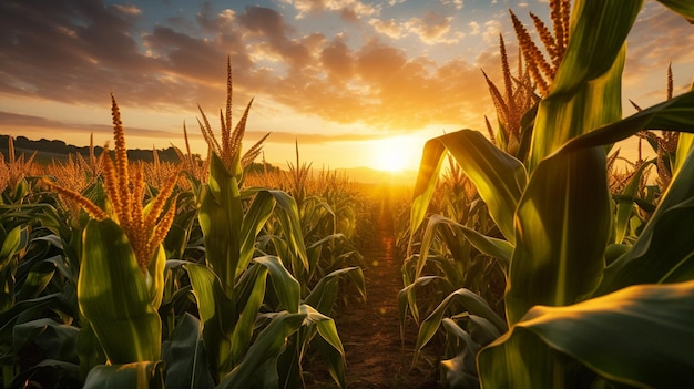 ripe corn in field at sunset