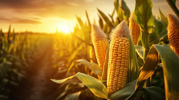 ripe corn in field at sunset