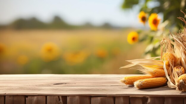 Ripe corn harvest and empty wooden table with rural background selective focus on tabletop generative ai illustration