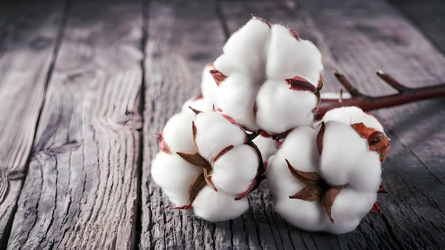 Photo ripe cotton balls on branch against a rustic wooden background