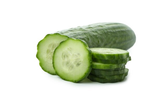 Ripe cucumber and slices isolated on white background