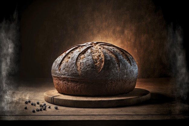 Ripe dark sourdough bread on wooden table