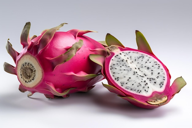 Frutta del drago matura pitaya o pitahaya su sfondo bianco concetto di frutta sana frutti tropicali interi e frutti di drago a fette generati dall'intelligenza artificiale