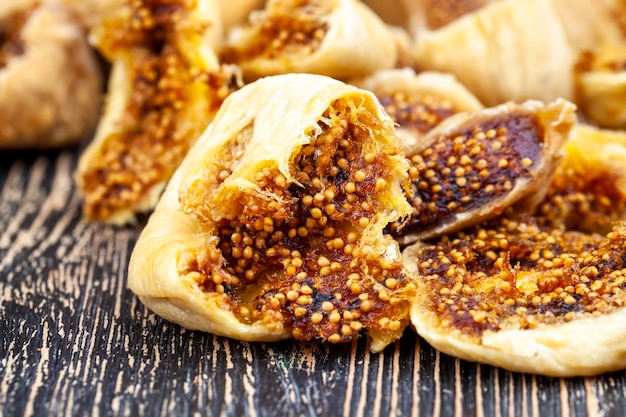 Ripe dried figs with seeds during dessert preparation