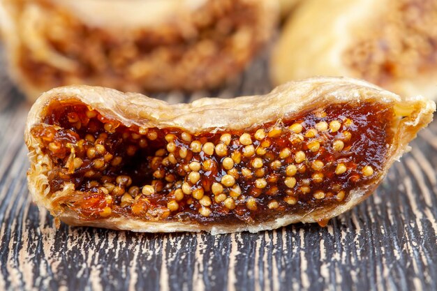 Ripe dried figs with seeds during dessert preparation