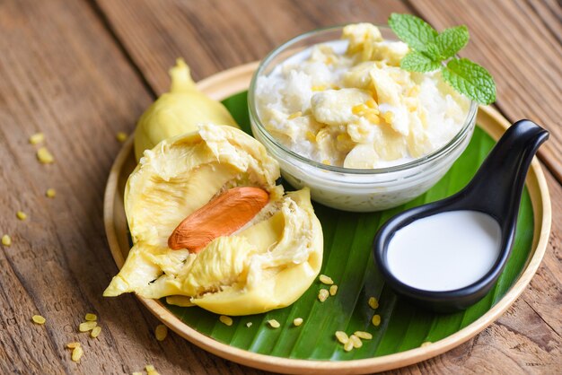 Ripe durian rice cooked with coconut milk Asian Thai dessert tropical sweet durian peel summer fruit