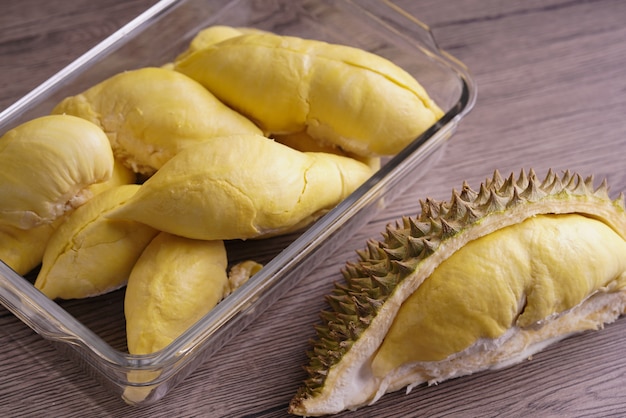 Ripe durian on wooden table