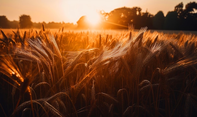 Ripe ears of wheat in the agricultural farmland Spikelets in the bright sunrays at dusk Generative AI