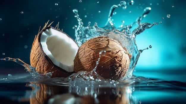 Ripe exotic coconut falls into the water with splashes Generative Ai