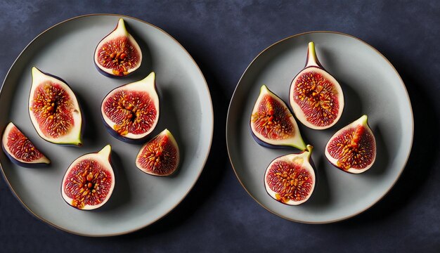 Photo ripe fig slices on the plates on dark backgroudn and ambiance top view generative ai