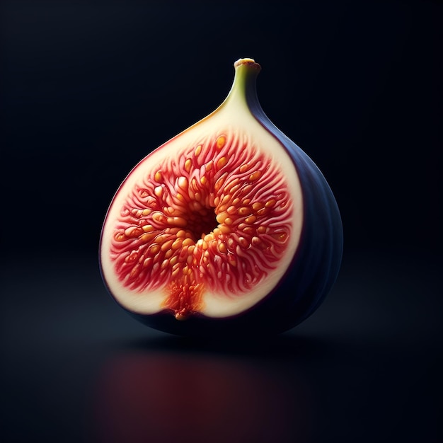 Ripe fig with a slice cut in half on a black surface