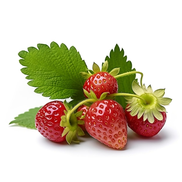 Ripe forrest strawberry with green leaves isolated on white background AI generated