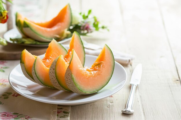 Foto fette di melone fresco maturo su piatto bianco