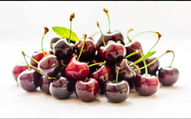 ripe and fresh cherries on a white background harvest fruit shop