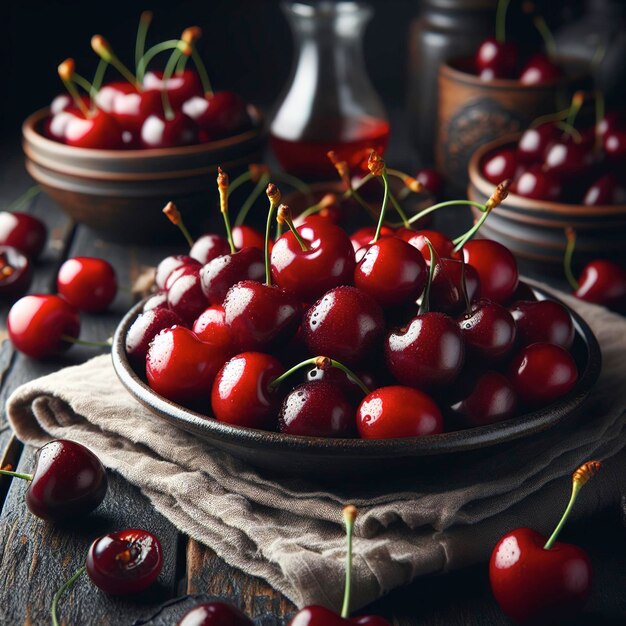 Ripe fresh cherry berries in a plate dark rustic wooden background Copy space