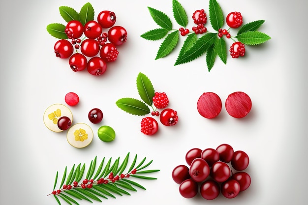 Photo ripe fresh cranberries in a set on a white backdrop banner format