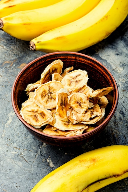 Ripe fresh and dried banana.Dehydrated banana chips