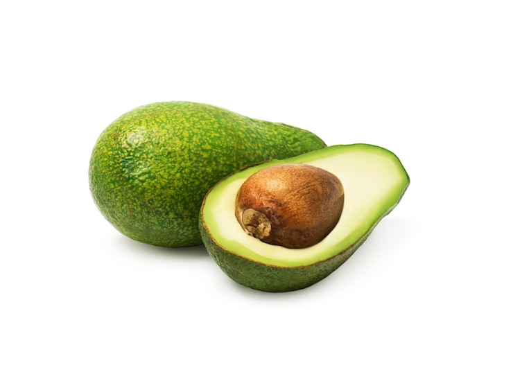 Photo ripe fresh green avocado isolated on white.