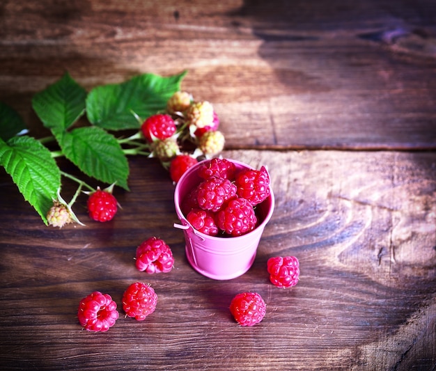 Ripe fresh raspberries in a pink iron bucket 