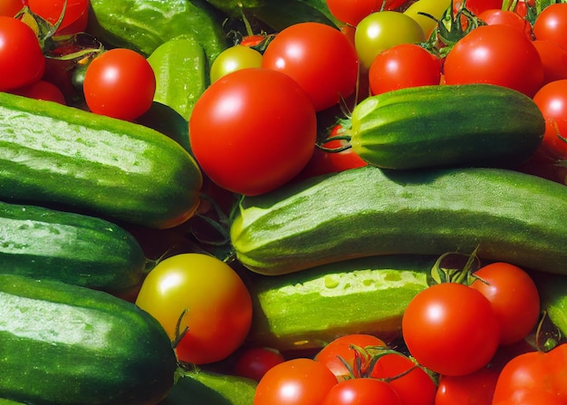 Ripe fresh tomatoes and cucumbers Cherry tomato and cucumber vegetable salad concept