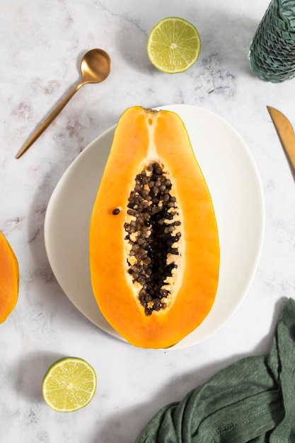 Ripe and freshly cut papaya. Fresh and tropical fruit