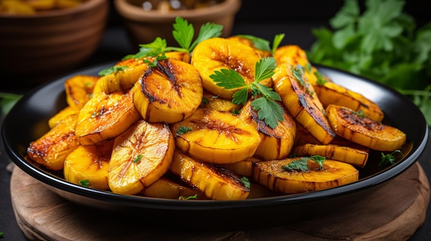 Ripe fried African plantain local staple food served as meals with sauce or as a side dish in Nigeria West Africa and other African countries