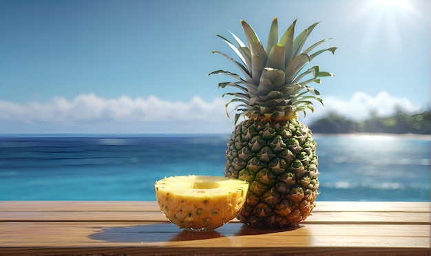 Photo the ripe fruit of the pineapple on the seashore