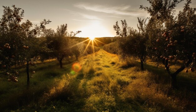 AI によって生成された夕日の美しさによって逆光に照らされたブドウ畑の枝の熟した果実