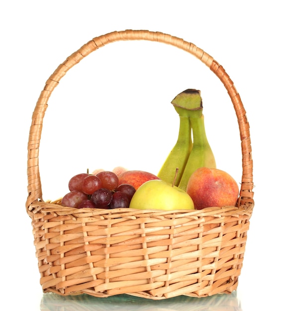 Ripe fruits in basket isolated on white