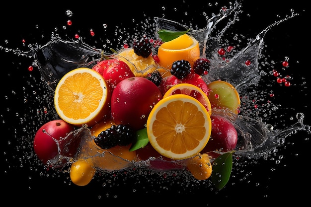 Ripe fruits with splashes of juice