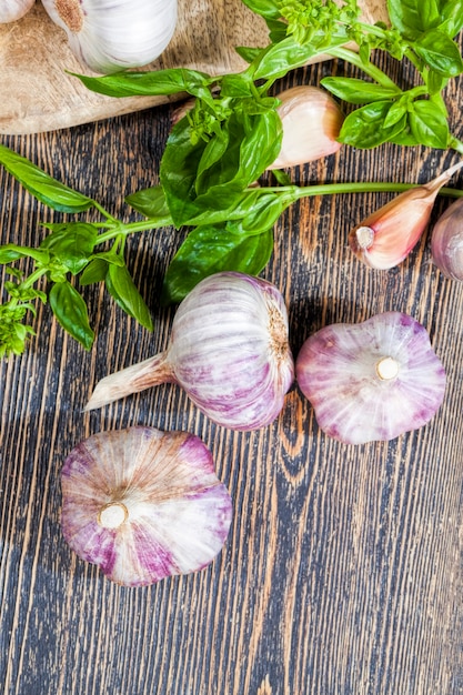 ripe garlic and green Basil