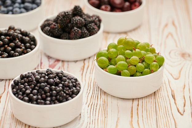 Ripe gooseberries in a white bowl on the table