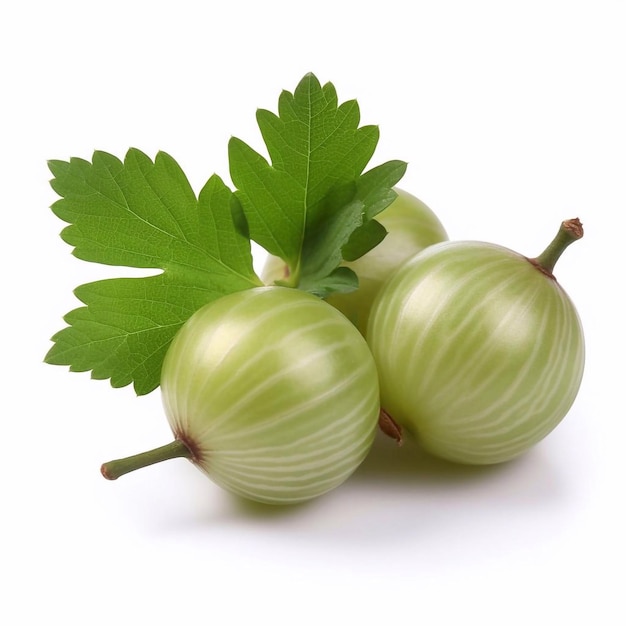 Ripe gooseberry with green leaves isolated on white background AI generated