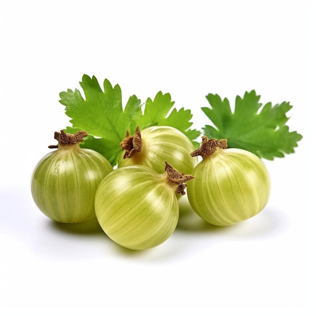Ripe gooseberry with green leaves isolated on white background AI generated