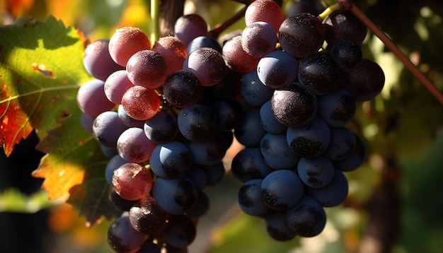 Foto i grappoli d'uva maturi pendono sui rami dei vigneti alla luce del sole autunnale generata dall'ia