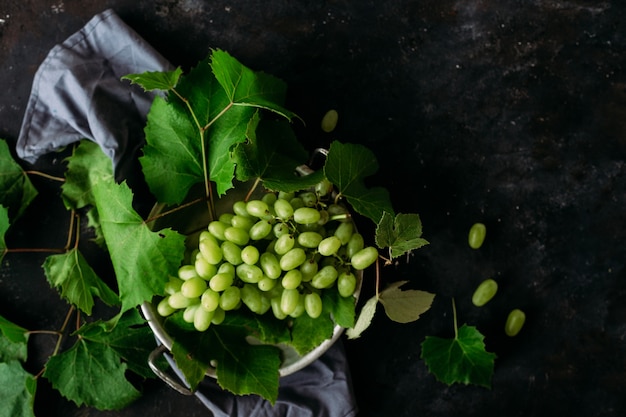 Ripe grapes on a dark background