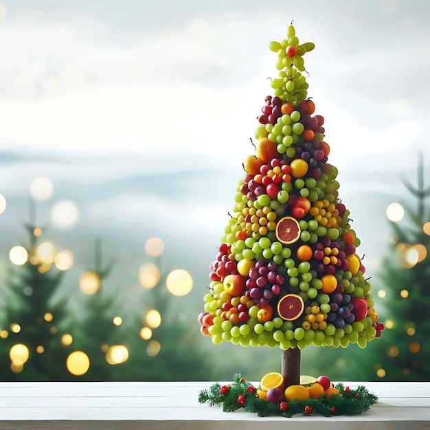 익은 포도 녹색 혼합 과일 밝은 배경에 크리스마스 트리 장식 새해 휴일 개념