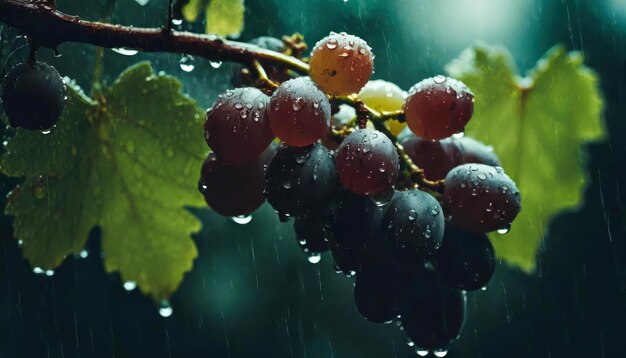 Ripe grapes in vineyard on rain