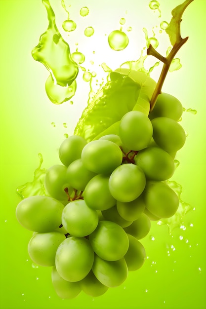 Ripe grapes with splashes of drops of water or juice on a green background Generative AI 1