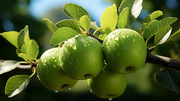 Ripe green apples on apple tree branch in garden closeupgenerative ai