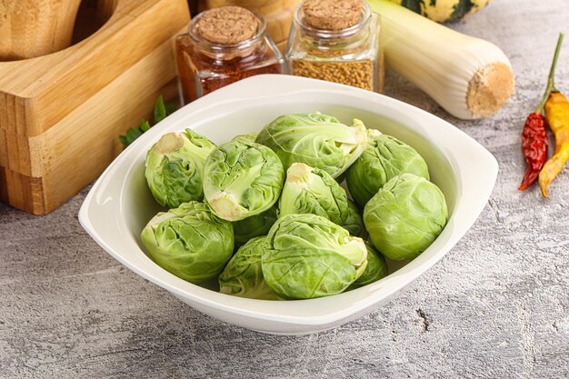 Ripe green Brussels sprout cabbage in the bowl