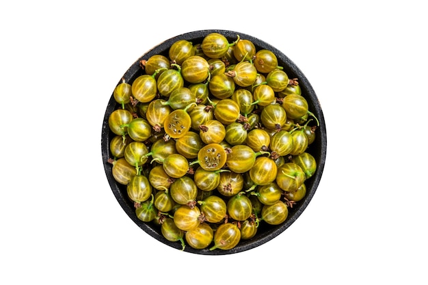 Ripe Green gooseberries ready for cooking jam Isolated white background Top view