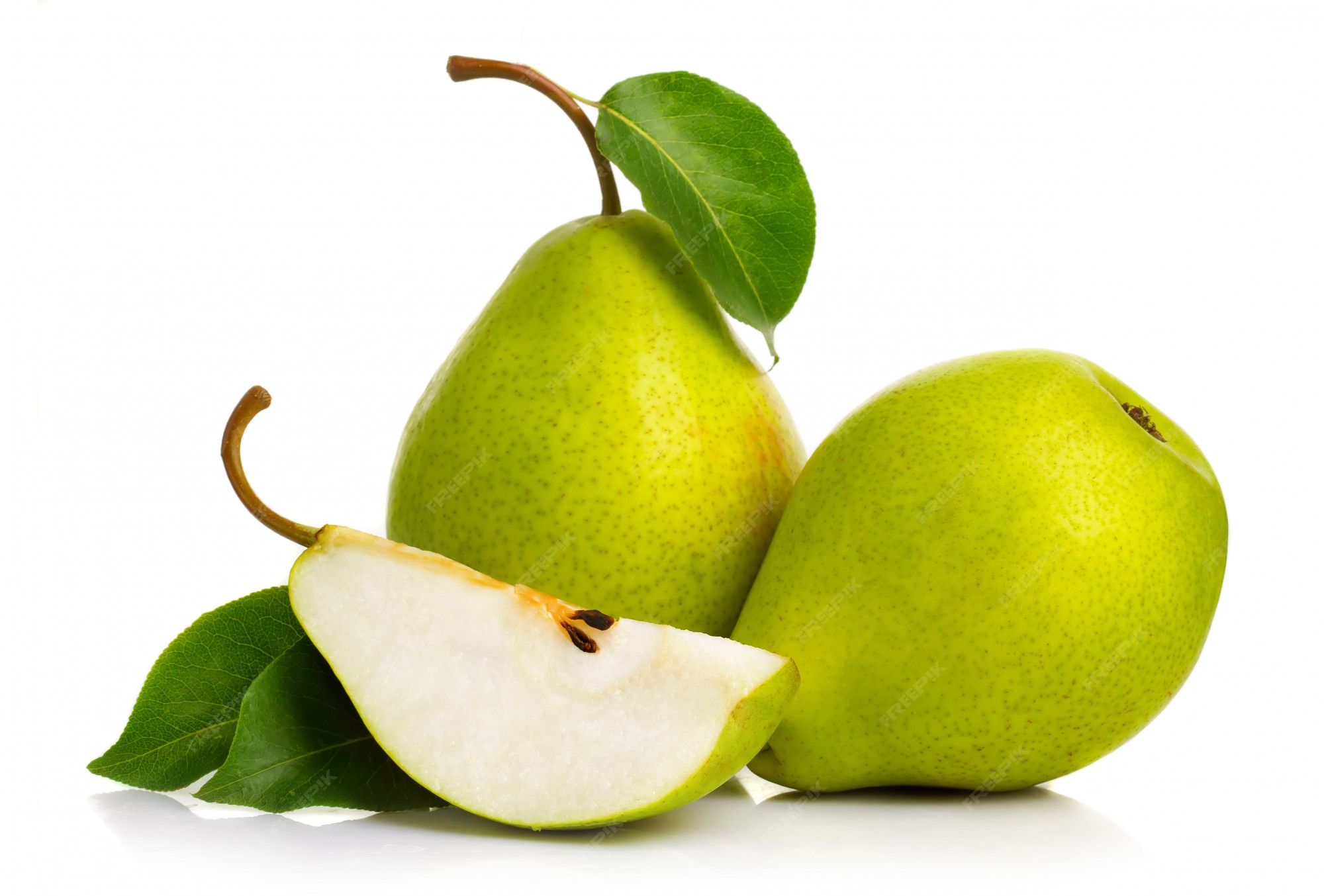 Premium Photo Ripe green pears isolated with leaves isolated Premium Photo Ripe green pears isolated with leaves isolated