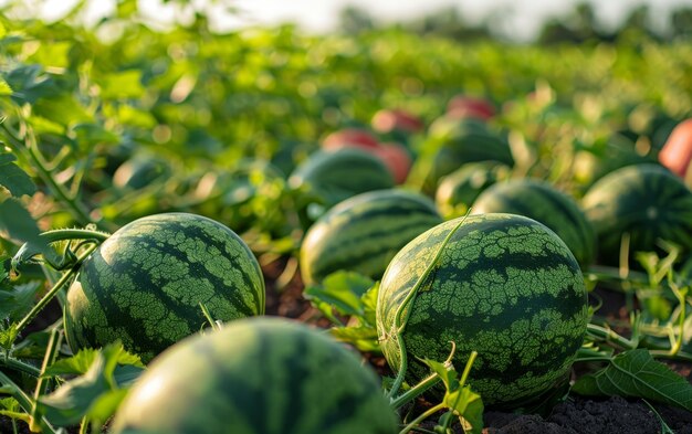 Ripe green watermelons spread across a sunlit field showcasing sustainable agriculture during summer