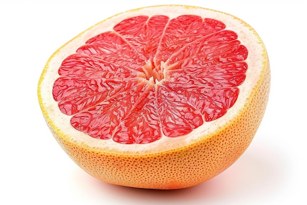 Ripe half of pink grapefruit citrus fruit isolated on white