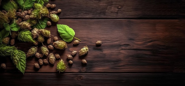 Ripe hops on wooden table with copy space international beer day banner AI generated