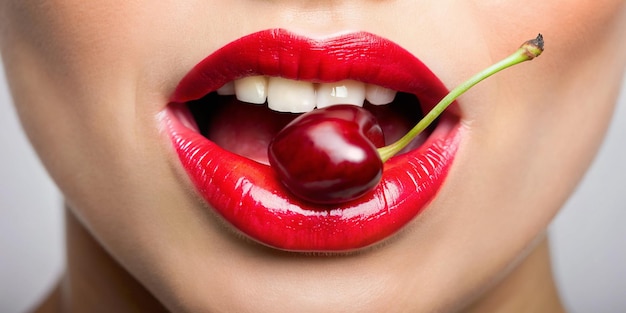 사진 아름다운 여성의 입과 은 입술에서 익은 맛있는 체리 여자 얼굴의 클로즈업 부분