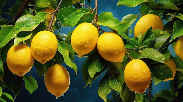 Ripe juicy lemons grow on branches Ripe yellow citrus fruits and foliage Summer fruit template