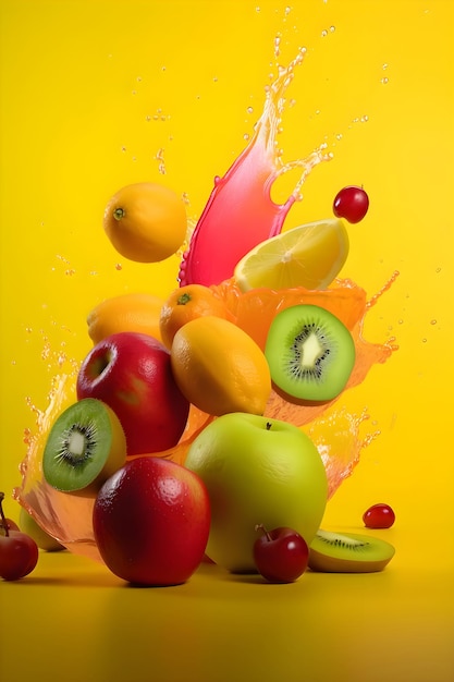 Ripe juicy multifruit with splashes of drops of juice on a yellow background Generative AI