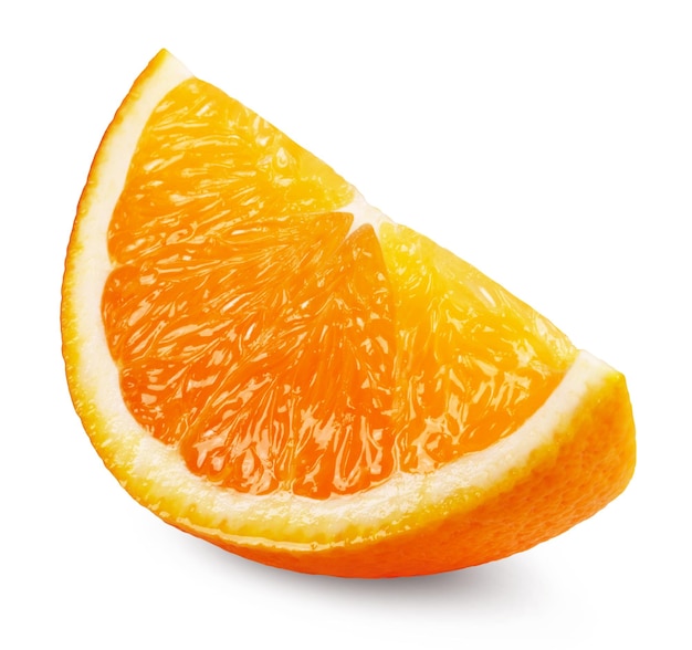 Ripe juicy orange slice isolated on white background.